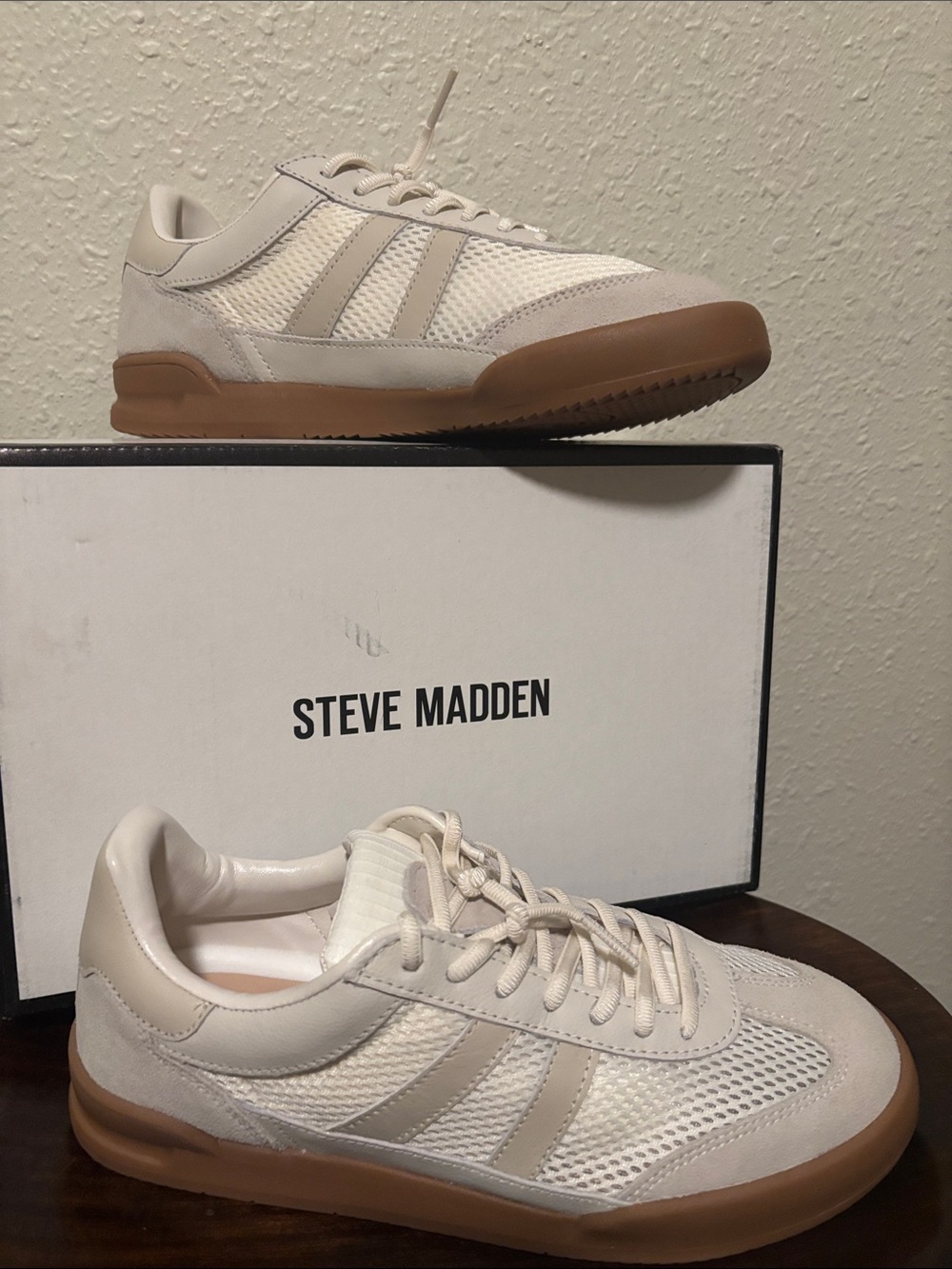 Steve Madden Men’s Cream Mesh & Suede Sneakers with Gum Sole